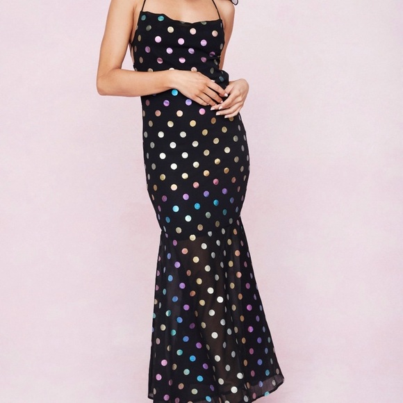Nasty Gal Slip Dress Sz2 Strappy Metalic Polka Dot Maxi Retro Groovy Funky Disco - Picture 2 of 13